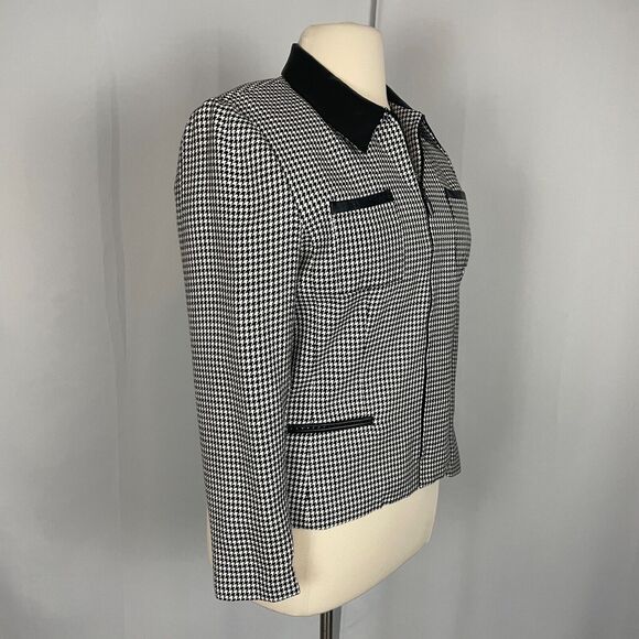 Vintage Jacket Size 14 Black White Houndstooth Full Zip Faux Leather Trim 90s - Picture 5 of 13